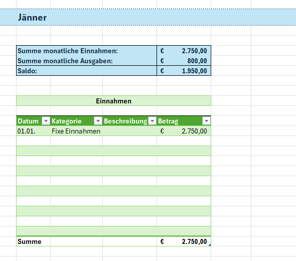 Screenshot Haushaltsbuch Position der Eintragung von Einnahmen